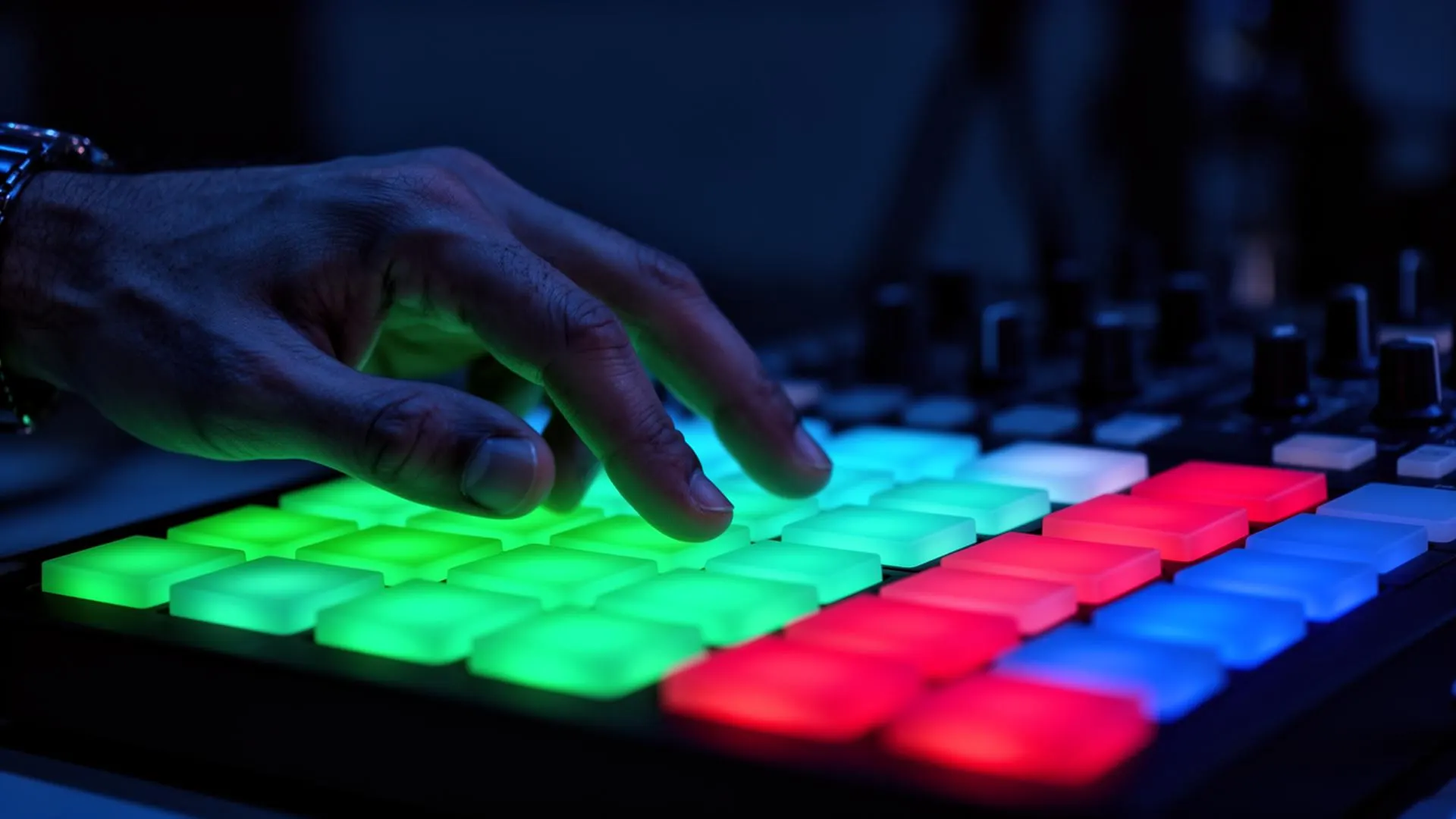 Producer playing a glowing LED MIDI controller in a dark studio